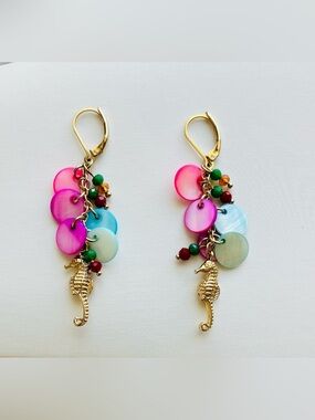 Ionna & lilly Gold Seahorse Dangle Earrings with Pink & Aqua Discs